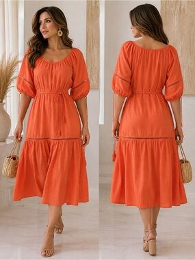 Coral Short-Sleeve Scoop-Neck Mini Dress